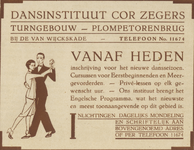 717361 Advertentie van Dansinstituut Cor Zegers, Turngebouw Plompetorenbrug, Wolvenstraat 2-4 te Utrecht, voor het ...